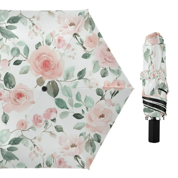 Soft Pink Watercolor Floral Compact Sun Umbrella Windproof Travel Umbrellas for Rain Strong Portable UV Protection
