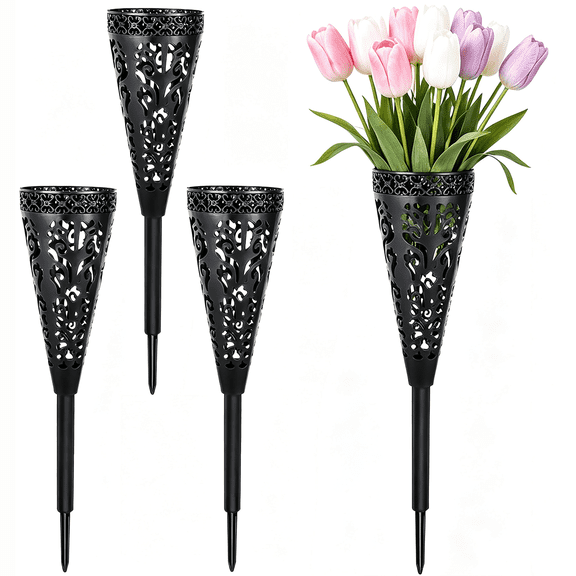 3 Pack Black Memorial Floral Vase for Grave Yard Decorations Gravestone, Garden Ground Outdoor Cemetery Conical Vases with Spikes