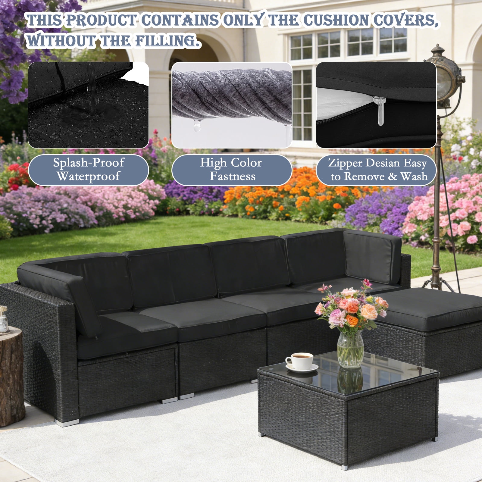 FKS LIFE 11 Pack Outdoor Patio Cushion Covers, Water Resistant Fade Resistant Washable Furniture Slipcovers for Sofa and Chairs,Black