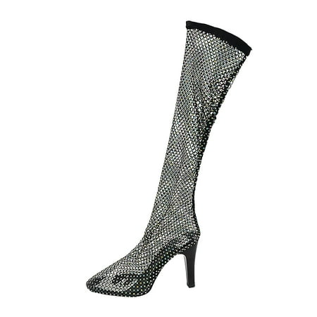 

Fsqjgq Knee Boots for Women High Heel Women s Solid Color Mesh Round Boots Rhinestone Shoes Thin High Heels Party Long Boots Women s Thigh High Boots Heel Black 38