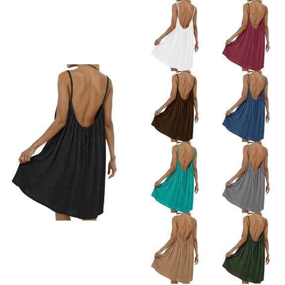 Antinious Ladies Solid Spaghetti Straps Backless Summer Loose Midi Nightdress