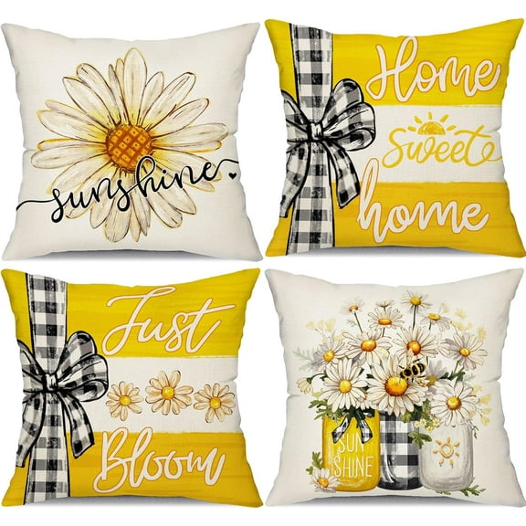 Summer Pillow Covers 18x18 inch Set of 4 Daisy vases Decor Throw Pillows Covers Outdoor Spring Summer Yellow Stripe Pillow Covers Decor Couch Living Room 191A