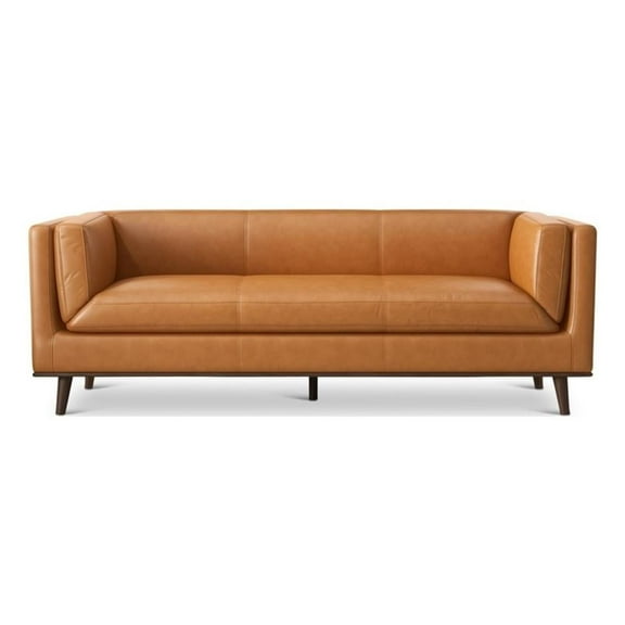 Pemberly Row Mid-Century Modern Furniture Style Italian Top Leather Sofa in Tan