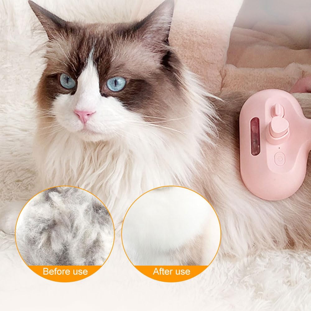 Pet Spray Hair Removal Comb,Upgraded 3 in 1 Cat Steam Brush, Self Cleaning Cat Steam Brush, with Water Tank and Release Button, Pet Steam Brush for Dog and Cat (White)