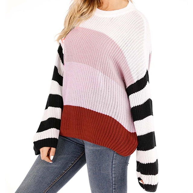 IROINID Chandail à Col Rond pour Femmes Rayures Ample Mi-Longueur Manches Longues Hauts Assortis Chandail Tricoté