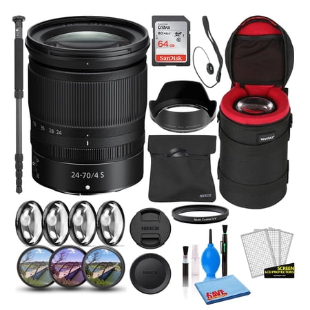 Nikon NIKKOR Z 24-70mm f/4 S Lens Bundle with 64GB SD Card Lens Case Monopod & Filter Kit (International Model)