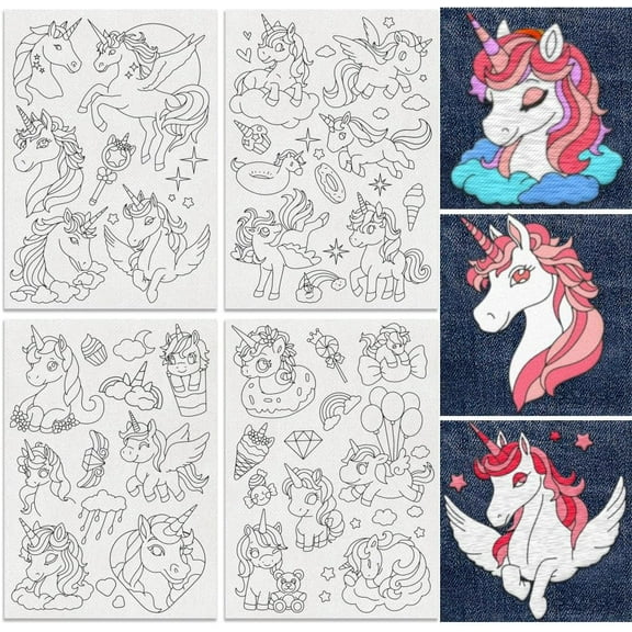 30Pcs Unicorn Embroidery Pattern Stabilizer 8.3"x11.7" Water Soluble Stick and Stitch Embroidery Sticker 4 Sheets Hand Sewing DIY Embroidery Paper for DIY