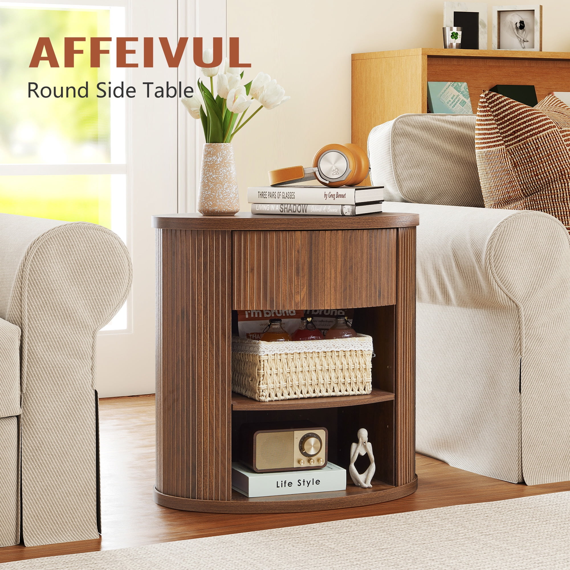 YOCWO Oval Nightstand with 1 Drawer and Adjustable Shelf for Bedroom with Carved Line Design, Round End tables for Living Room, Walnut