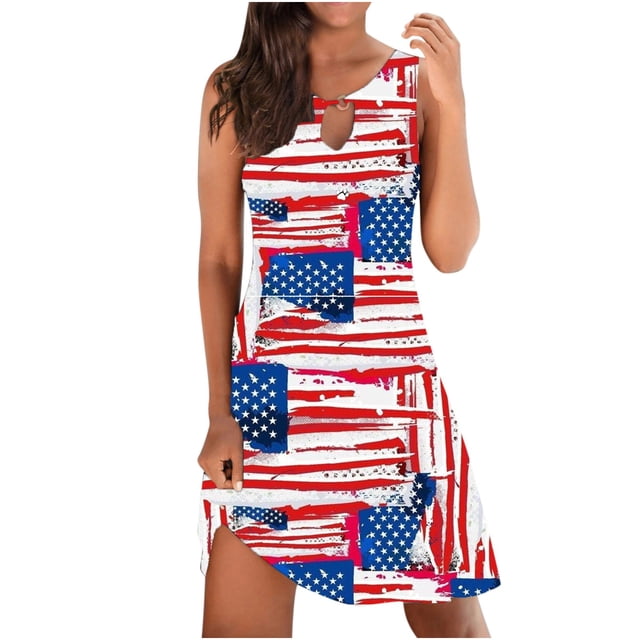 Mini vestido de mujer con cuello redondo y estampado sin mangas sexy a la moda del Día de la Independencia Pompotops ghjkhdj3343