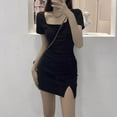 thumbnail image 4 of SMihono Stylish Women's Sexy Bodycon Short Sleeve Square Neck Solid Side Slit Ruched Party Club Evening Mini Dress Black L, 4 of 8