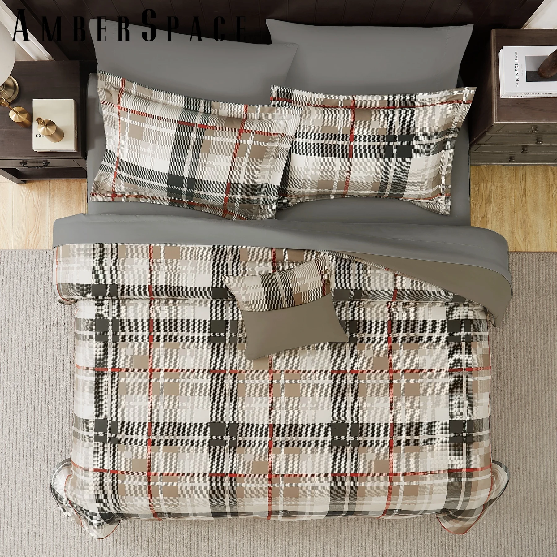 Amberspace Plaid Design 7-piece Bed in a Bag Comforter Set with Sheets,Khaki,Full