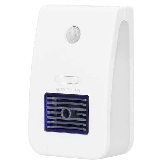 lámpara de detección de purificación de aire por inducción del cuerpo humano con luz nocturna de aniones con enchufe cn de 220-240 v Luz nocturna blanca compacta con sensor PIR en la parte superior y botón deslizante central, vista frontal 3/4; carcasa ABS de aprox. 3.6x7x10.7 cm, rejilla inferior para salida de aire y enchufe CN integrado para 220-240 V; potencia 1.2 W, área de purificación ≤10 m², modos automático/siempre encendido/apagado; adecuada para dormitorio, pasillo o baño, y a menudo usada como luz nocturna con detección automática para recorrer pasillos.