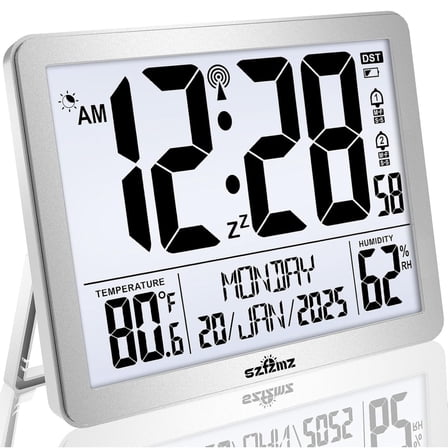 Auto Set Digital Wall Clock With LCD Display - RCC Clock With Backlight, Temperature, Humidity And Date, Digital Calendar Alarm Clock For Elderly, Bedroom, Office, Battery Operated, Silver