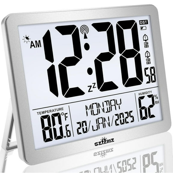 Auto Set Digital Wall Clock With LCD Display - RCC Clock With Backlight, Temperature, Humidity And Date, Digital Calendar Alarm Clock For Elderly, Bedroom, Office, Battery Operated, Silver