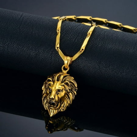 14K Yellow Gold Lion Head Necklaces Pendant Mens Gold Color RU Hot Link Chain & Pendant Punk Jewelry For Man Male