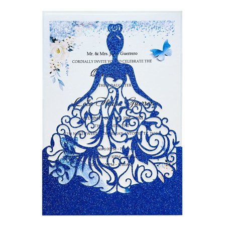 Royal Blue Glitter Quinceanera Invitation Kit - 50 Laser Cut Hollow Pocket Cards with Envelopes for Celebrating a Girl's Special Day and Bridal Shower Events