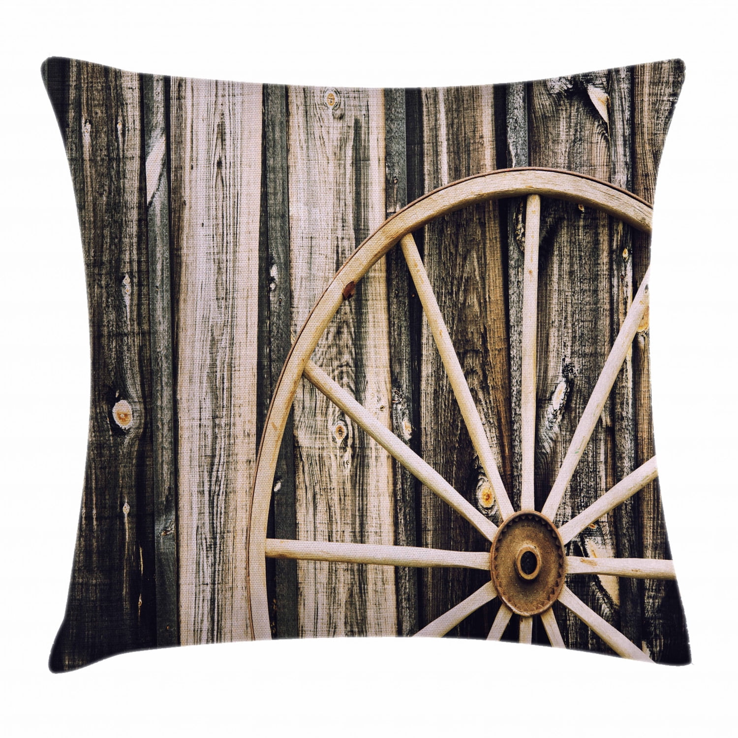 Barn Wood Wagon Wheel Throw Pillow Cushion Cover, Wooden Barn Door and