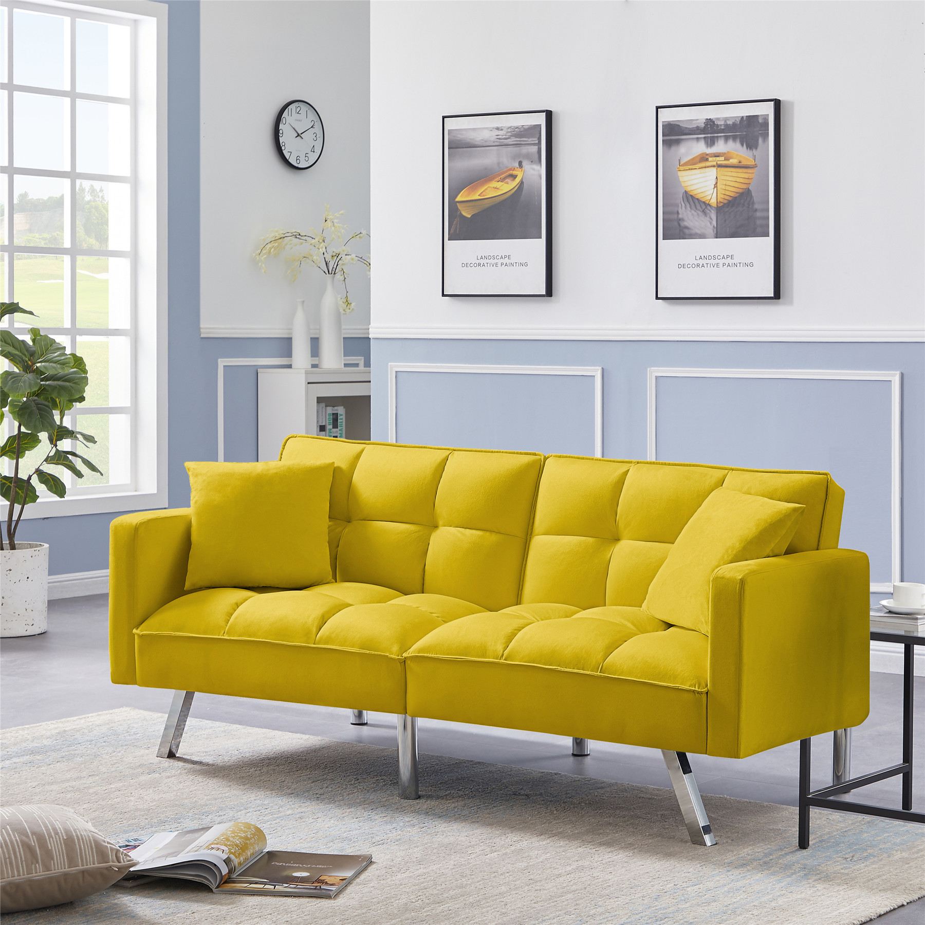 Convertible Sleeper Sofa Bed, Modern Velvet Upholstered Futon Sofa