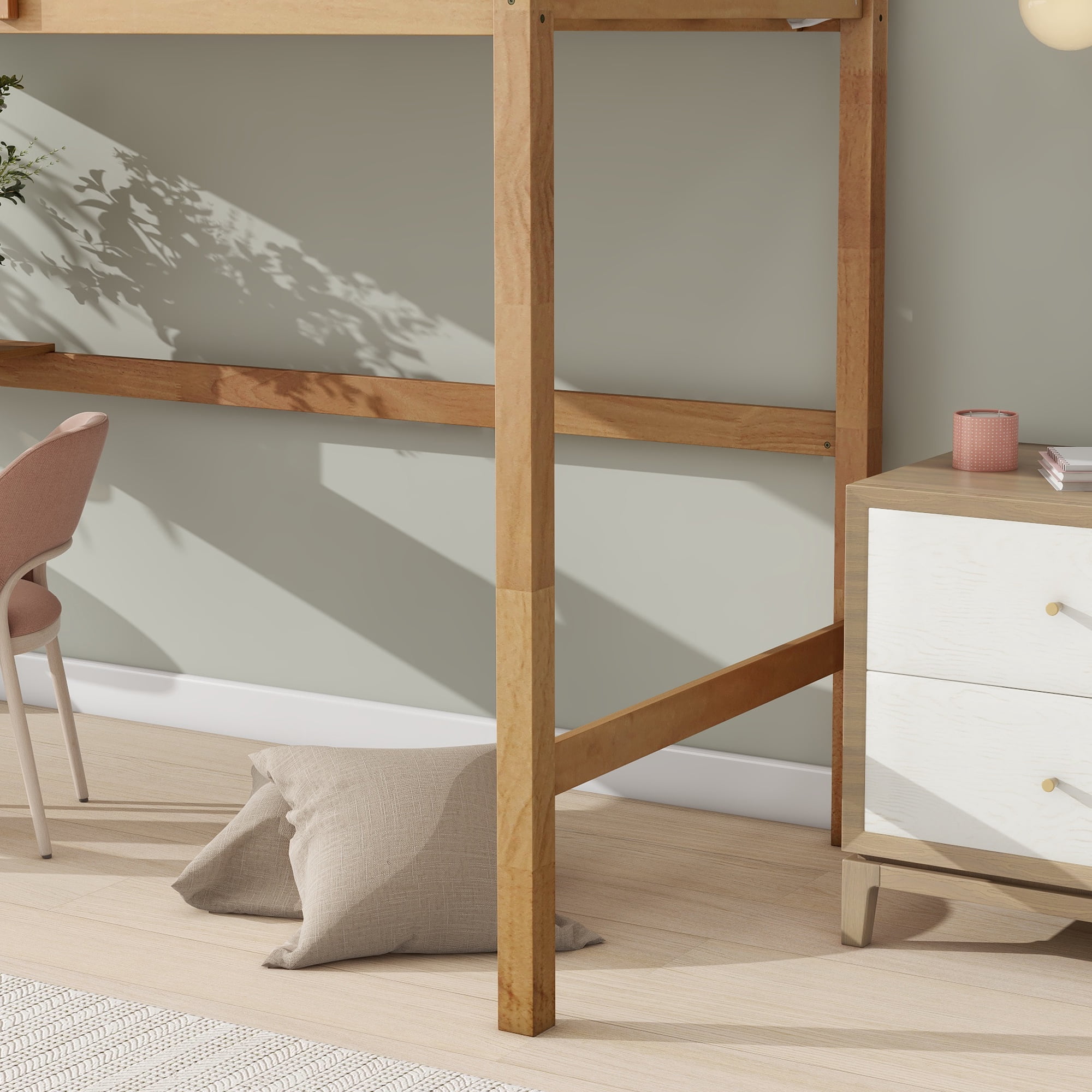 Alvantor Wood Twin Loft Bed with Desk, Safety Rail & Ladder, White Oak