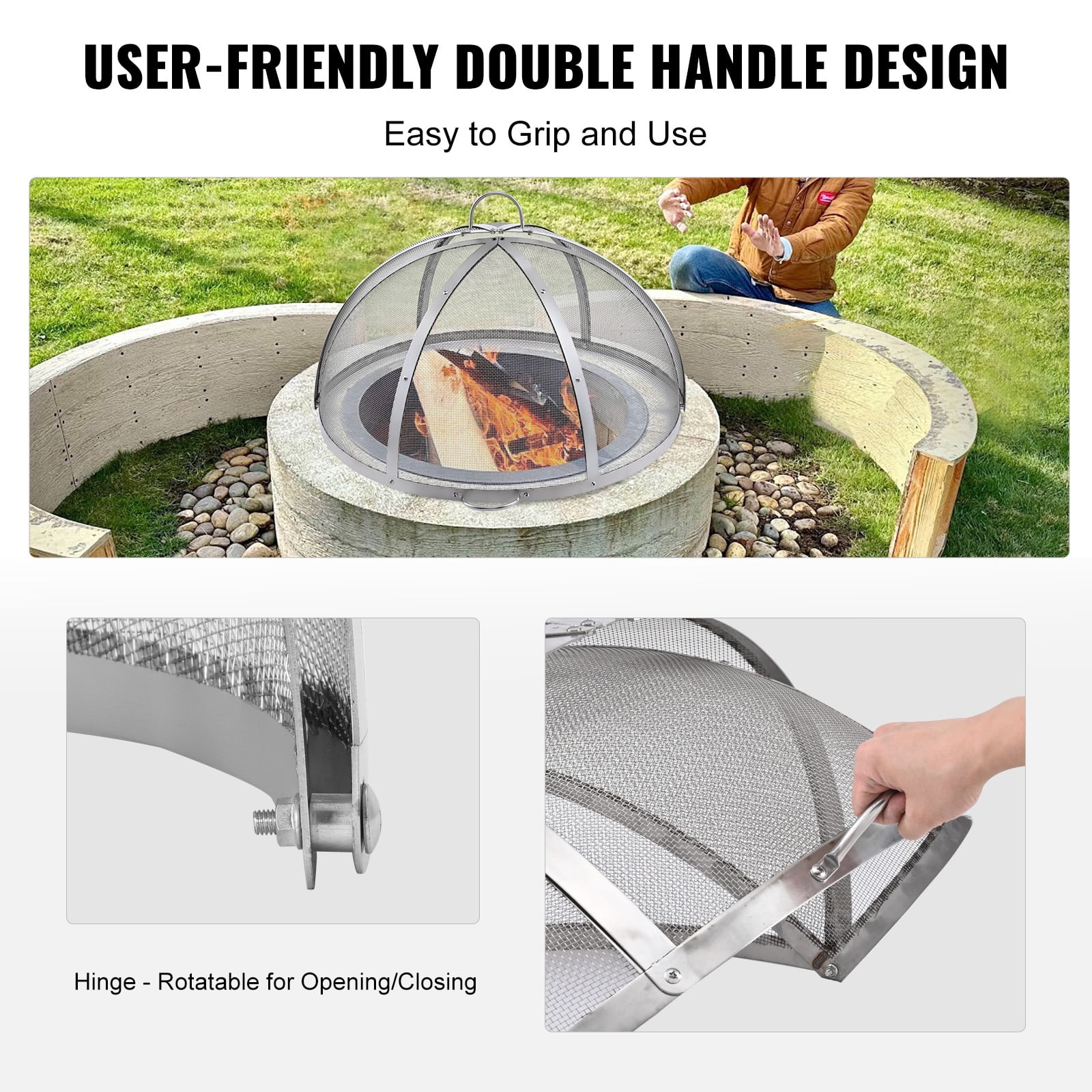 SKYSHALO Spark Guard for Firepits, 30" Size, Circular Outdoor Fire Pit Protection, Metal Lid, Stainless Steel, Simple Lift Design, for Patio and Garden Fire Bowls