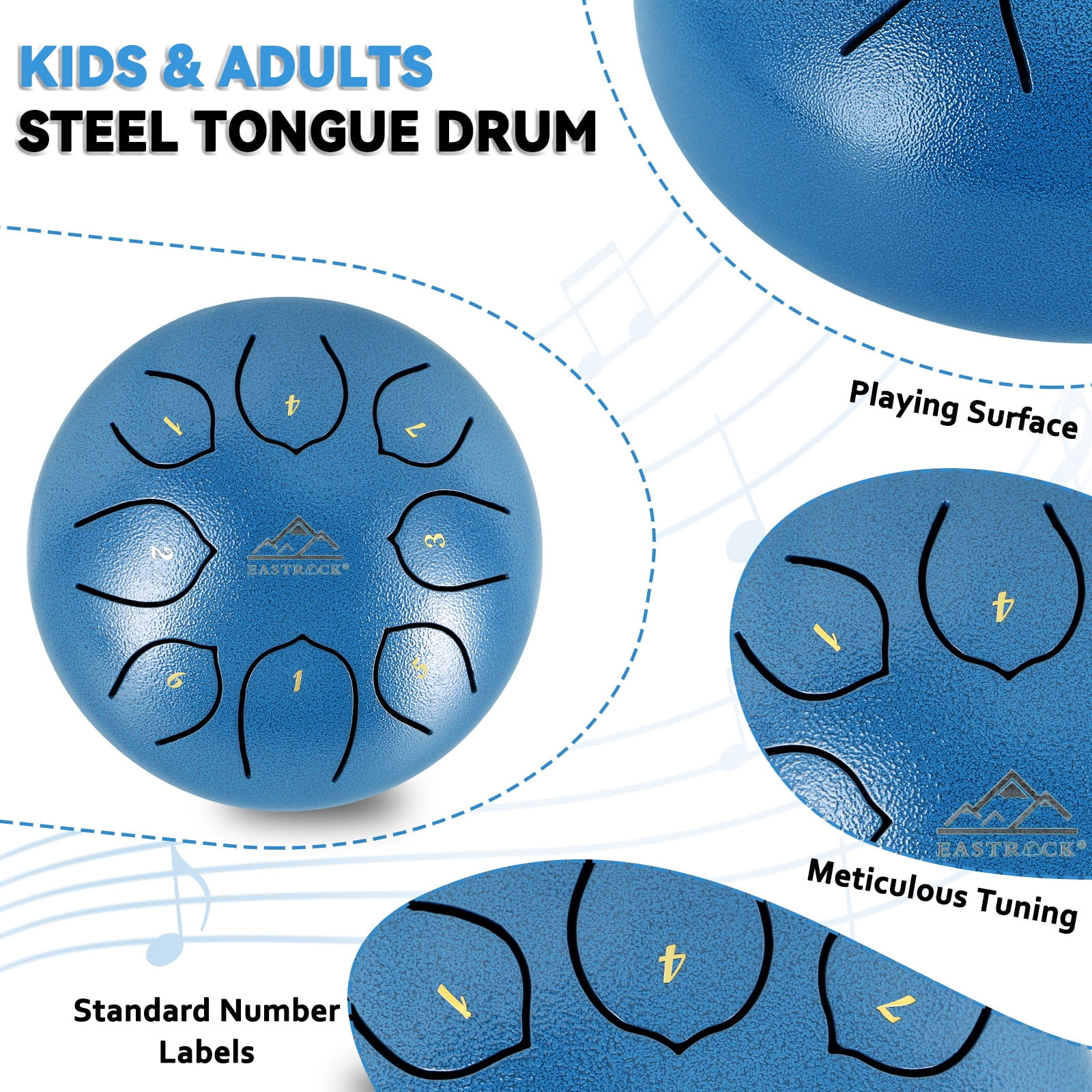 EASTROCK Steel Tongue Drum 6" 8 Note Rain Drum C Key for Yoga/Meditation with Drumsticks & Bag & Music Book(Blue)