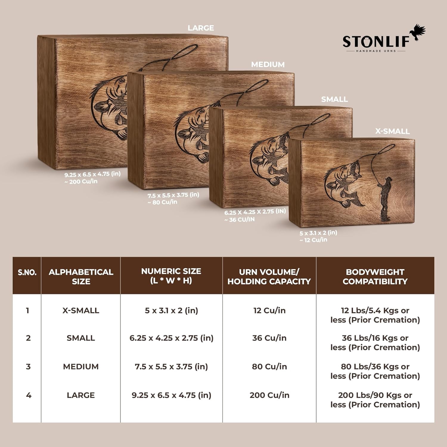 Cremation Urns for Human Ashes - Fishing Wooden Box and Casket for Men, Women and Child Ashes - Funeral Memorial Burial Urn for Cat Dog Pet Ashes - Small (36 Cu/in)