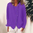 thumbnail image 2 of Hyknon Long Sleeve Shirts for Women Cotton and Linen Round Neck Buttons Blouses Fashion Solid Color Temperament Soft Lightweight Tops, 2 of 5