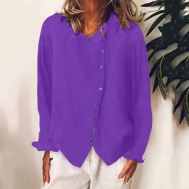 RXIRUCGD Chemise à Manches Longues en Coton et Lin pour Femmes, Couleur Unie, Col Rond, Violet, Taille : S