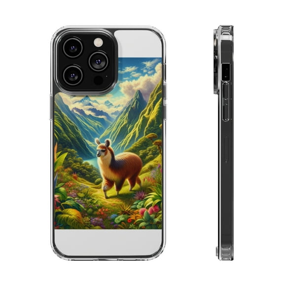 DistinctInk Hybrid (Acrylic / TPU) Clear Slim Fit Case for Apple iPhone 14 Pro (6.1" Screen) - "Llama's Andean Adventure: Majestic Mountains and Rich Biodiversity"