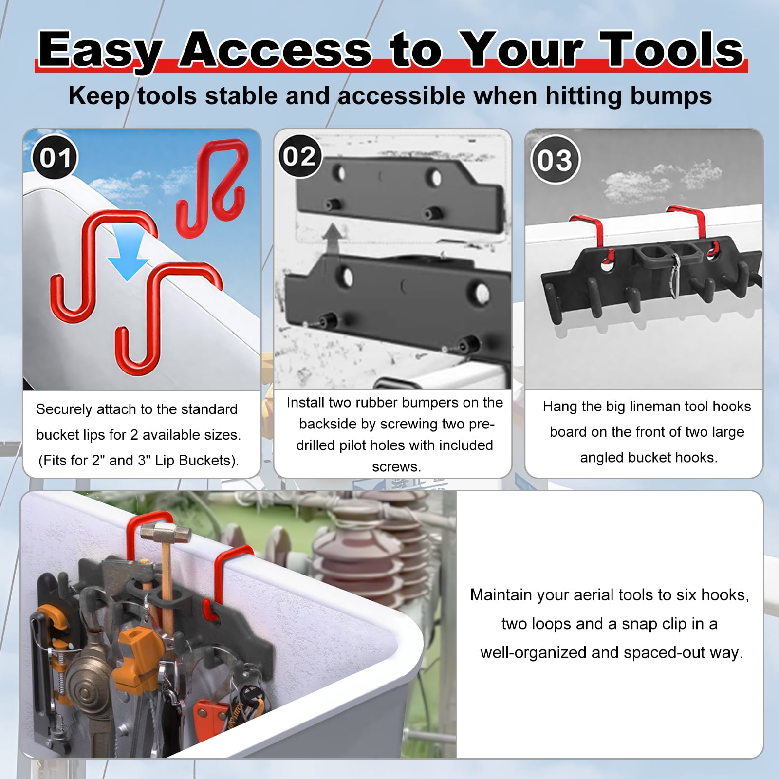RULLINE Lineman Tool Board Bucket Truck Tool Organizer for Bucket Hooks and Lineman Bucket Accessories Including 2PCS 2” and 2PCS 3” Aerial Bucket Hooks