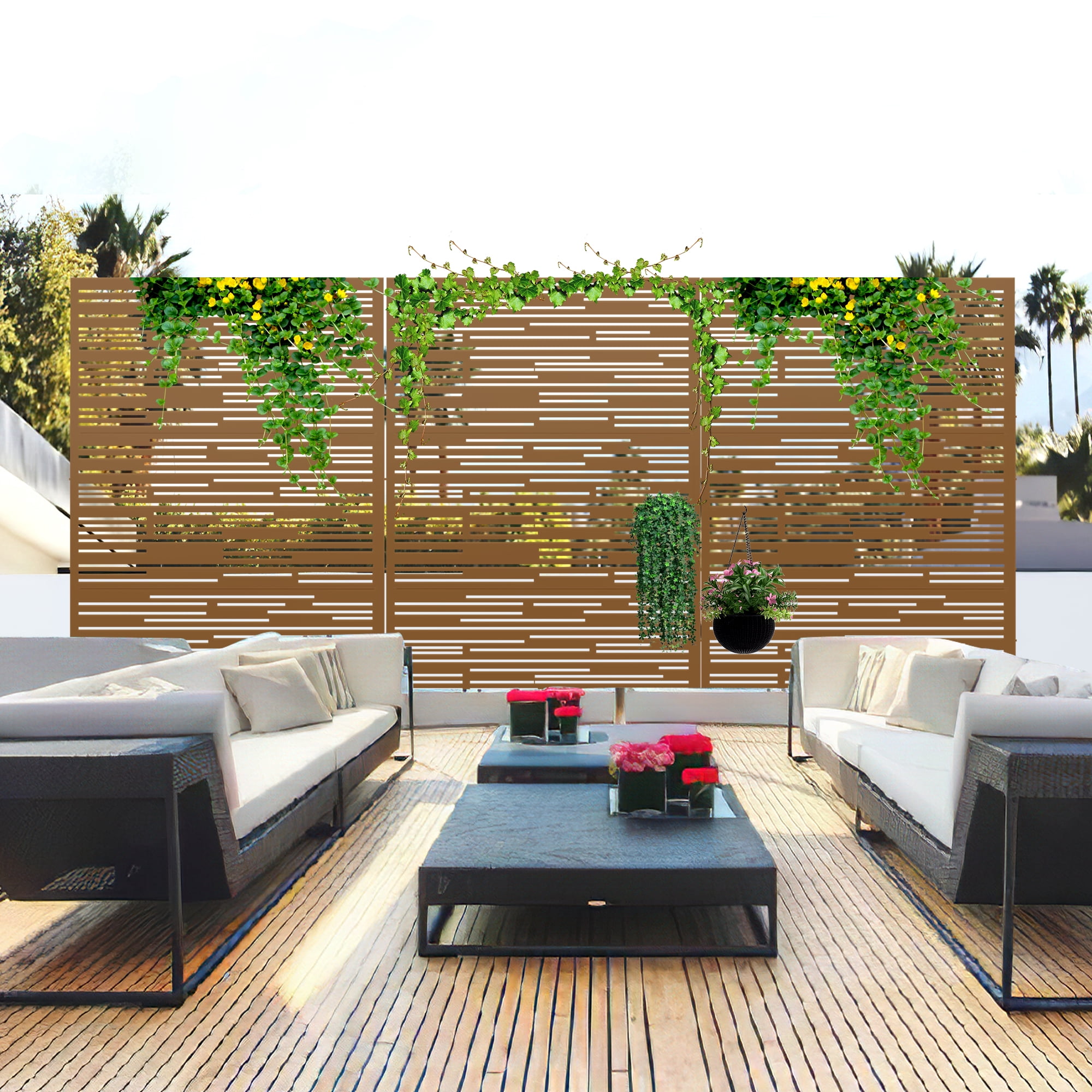MAYEERTY 72×47" Outdoor Brown Metal Privacy Panel Screen for Backyard & Garden, Shadow Play Pattern