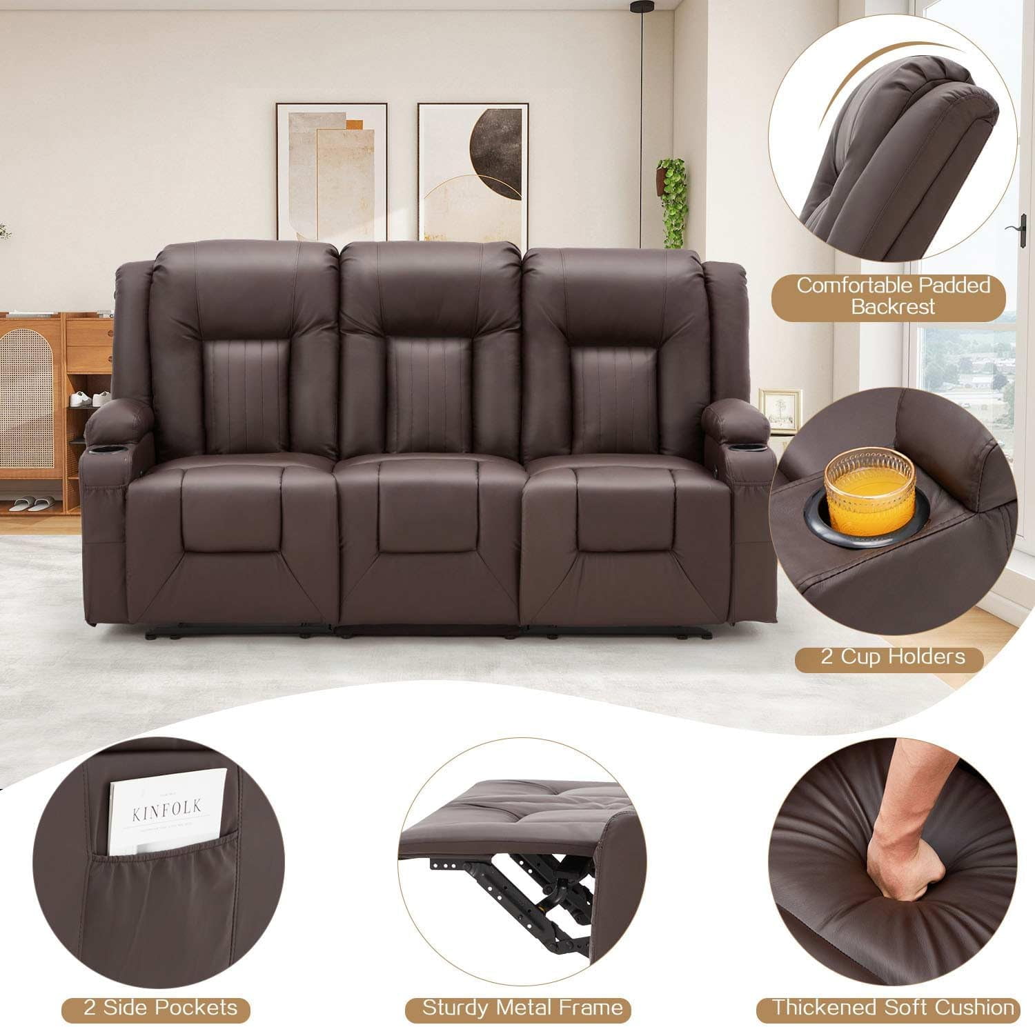 YODOLLA Manual Reclining Sofa with Side Pockets& Cup Holders, PU Leather Home Theater Seating, 3 Seat Recliner Chair in Brown