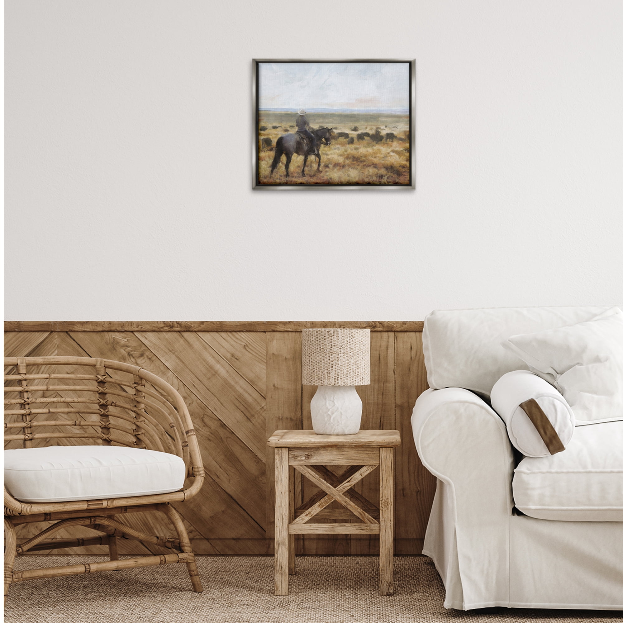 Stupell Industries On The Range Cowboy Landscape Painting Gray Floater Framed Canvas Art Print Wall Art, 21 x 17