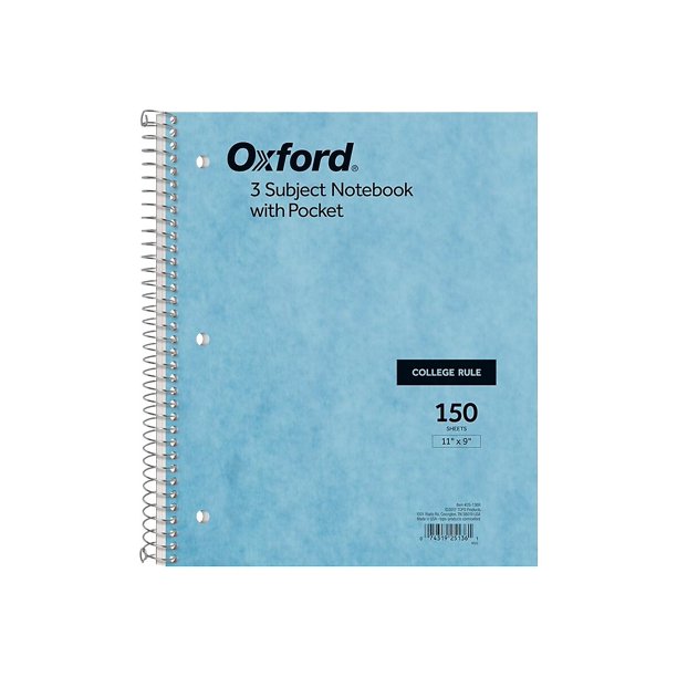 Oxford 3Subject Notebook 9" x 11" College Ruled 150 Sheets 800870
