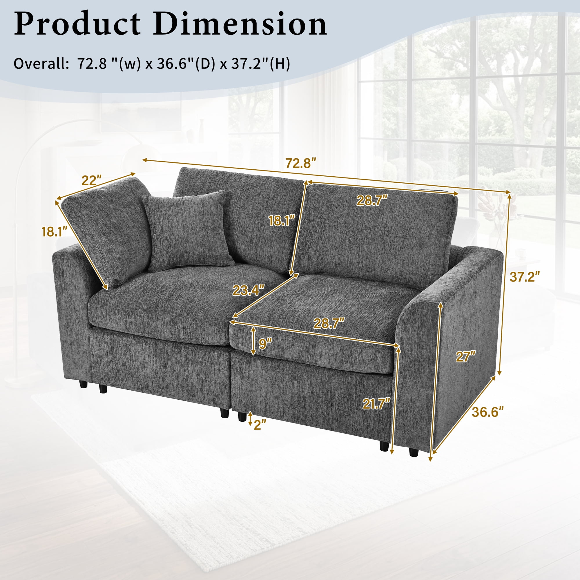 Leumius 72.8" Loveseat Sofa,Chenille Deep Seat Upholstered 2-Seater Sofa Couch with Solid Wood Frame & Accent Pillow for Living Room,Apartment,Bedroom,Grey