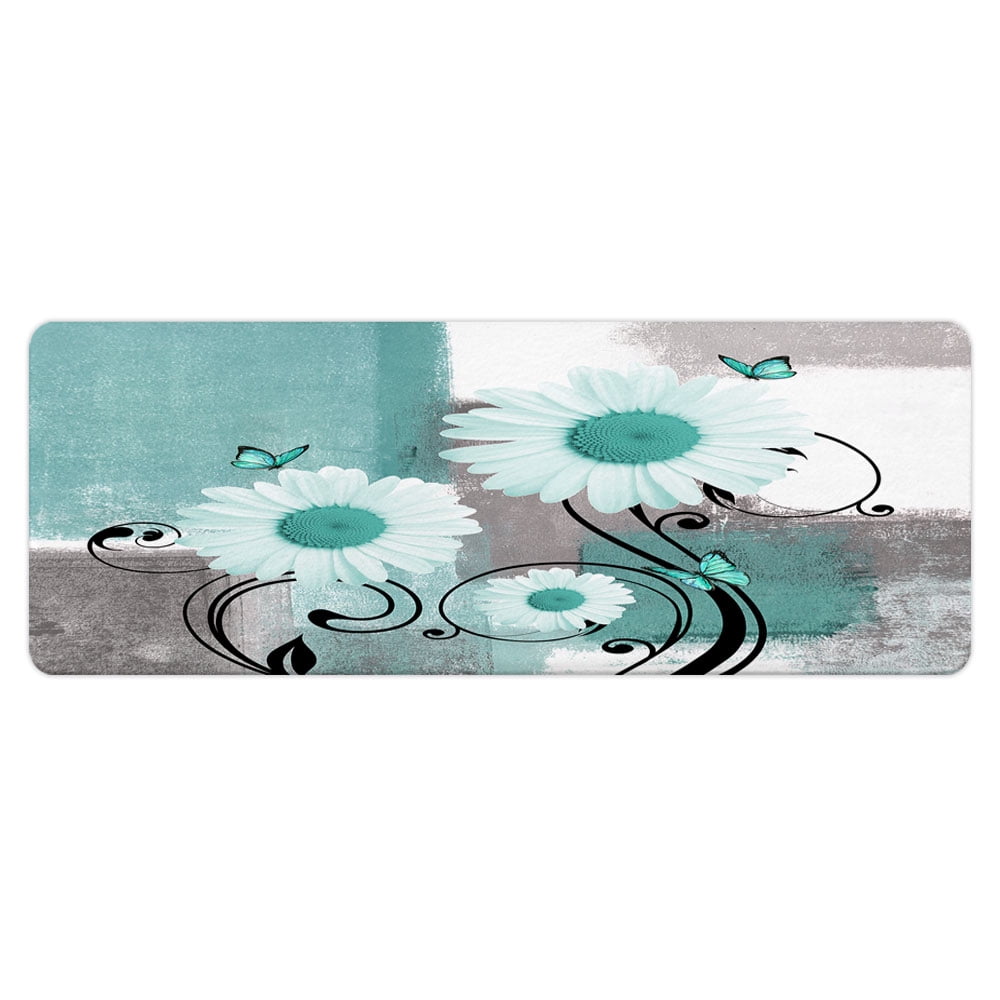 Rustic Farmhouse Bath Rug with Teal Daisies & Butterflies | Non-Slip Floral Floor Mat in Mint Green, 17x48 Inch