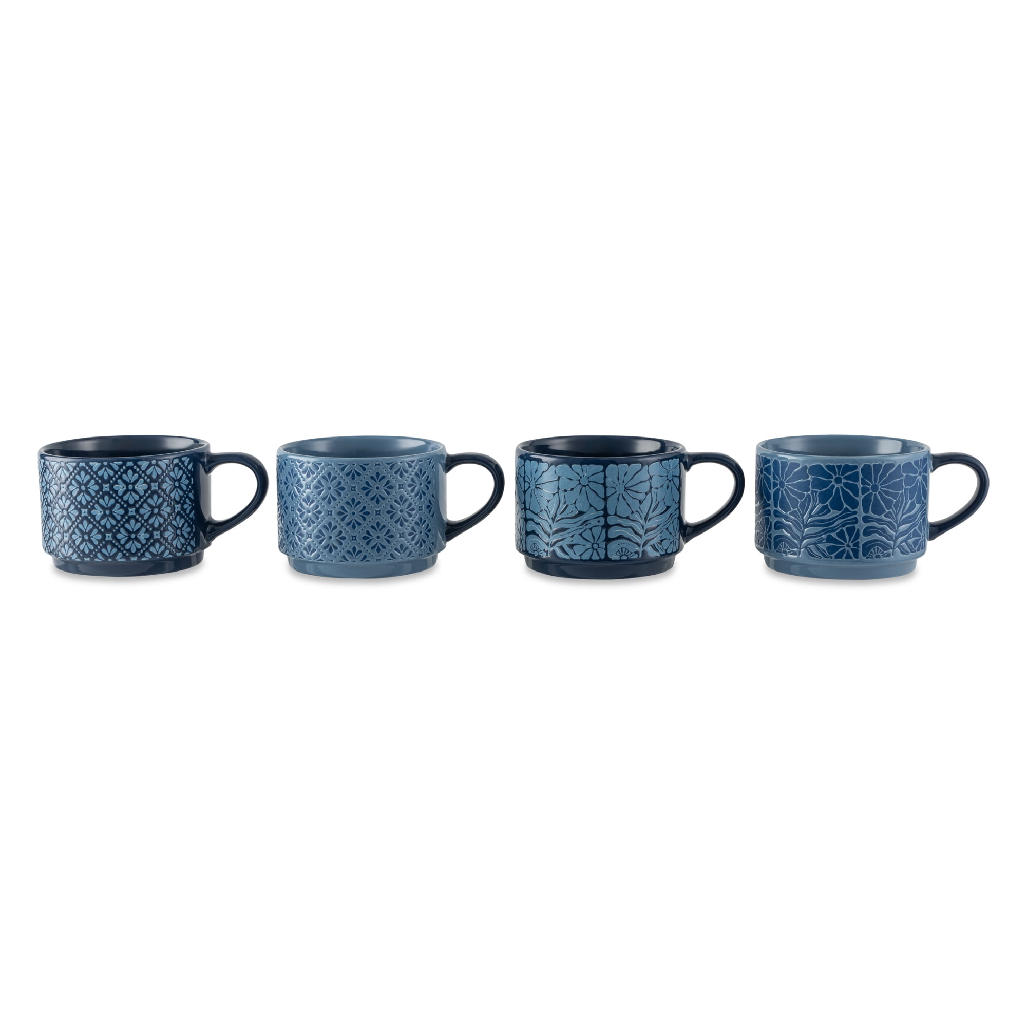 Thyme & Table 4 Pack Stacking Mugs, Blue Flowers and Blue Shapes 11.1 fl oz, Stoneware