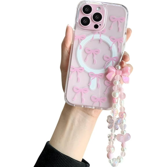 Compatible for iPhone 16 Pro Case, Clear Cute Bow Case Compatible with MagSafe, Ribbon Aesthetic Shockproof Protective Cover for Women Girl Glitter Bow Crystal Chain-Pink