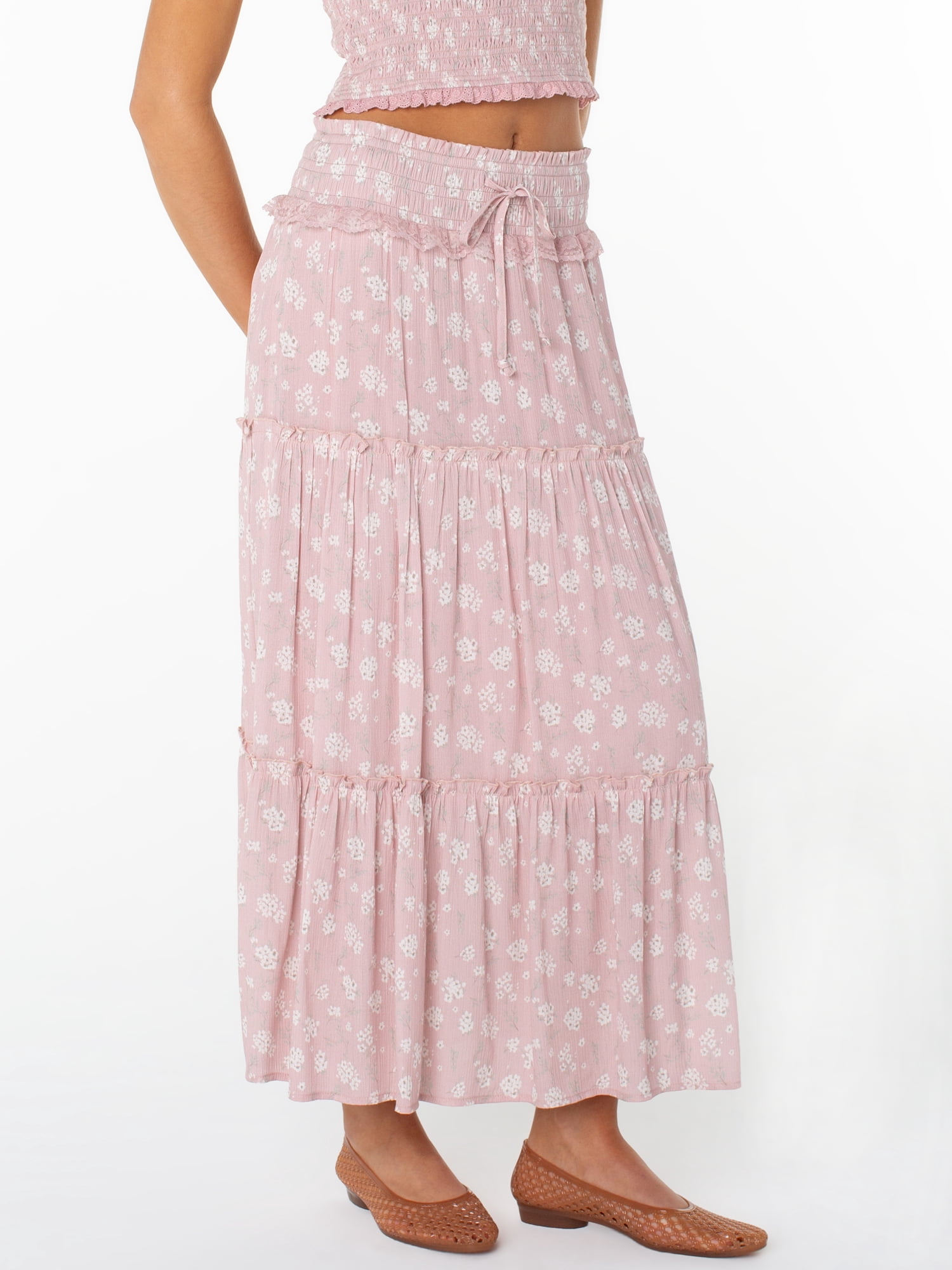 Celebrity Pink Women's and Women's Plus Floral Print Tiered Maxi Skirt, Sizes XS-4X