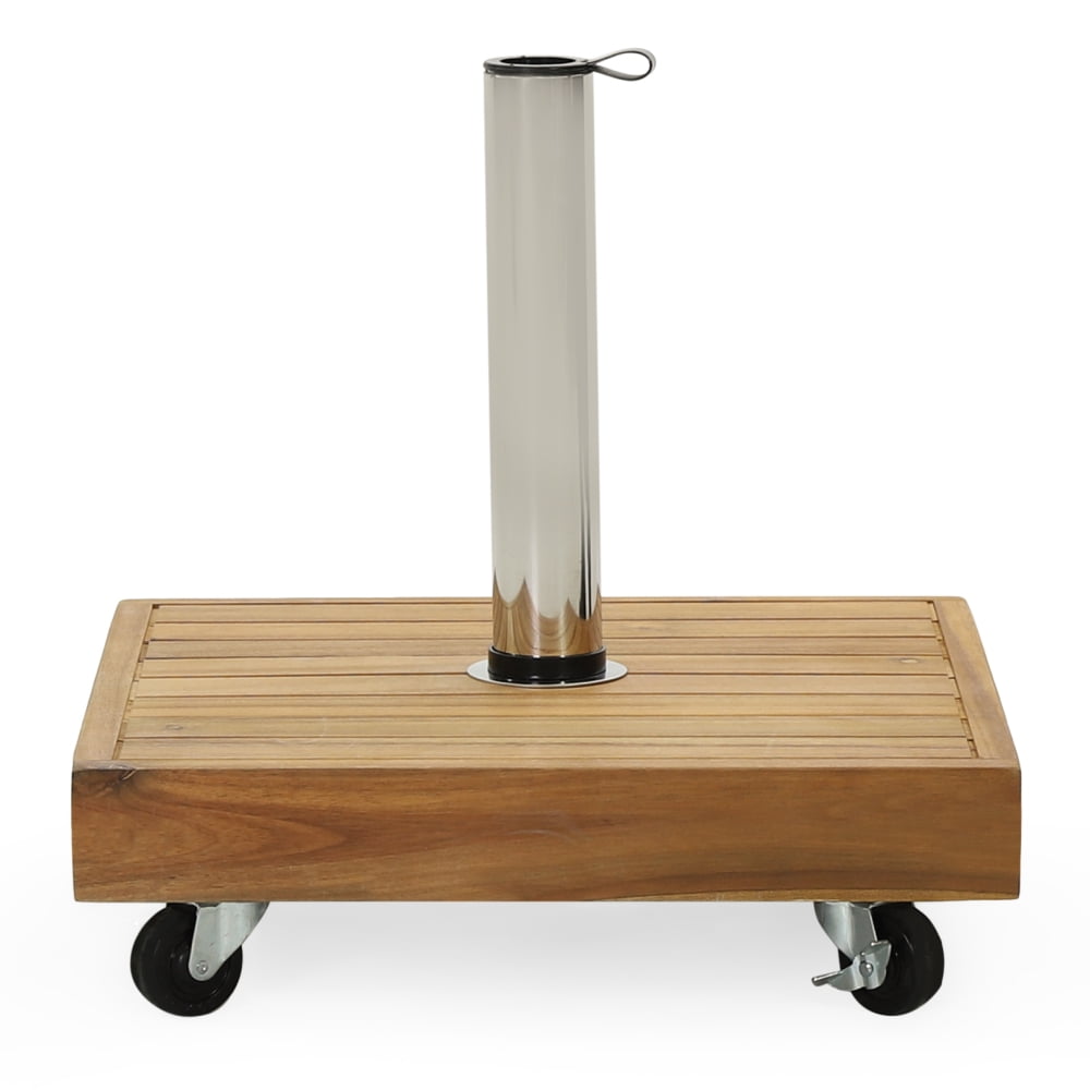 40 lbs Square Teak Finish Umbrella Base with Wheels, Heavy-Duty Patio Umbrella Stand for Outdoor Use