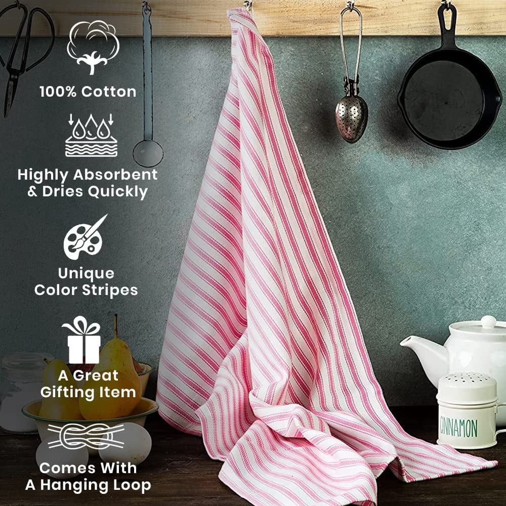 Cotton Carnival Set of 6 Kitchen Dish Towels, 100% Cotton Kitchen Towels, with Hanging Loop, Dishcloth Sets for Washing & Drying Dishes, Tea Towels & Hand Towels 18x28, French Stripe, Pink