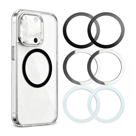 GJX Universal Metal Rings Compatible with Magsafe Sticker,Magnetic Ring for Phone Cases & Wireless Charging,6 Pack Multi-Color Magsafe Sticker (2 Black,2 White & 2 Silver)
