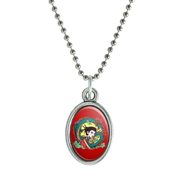 Geisha With The Dragon Tattoo Antiqued Oval Charm Pendant with Chain