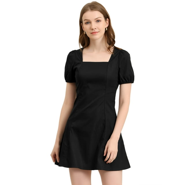 INSPIRE CHIC Women's Square Neck Puff Short Sleeve Elastic Cuff a Line Mini Dress Black XS