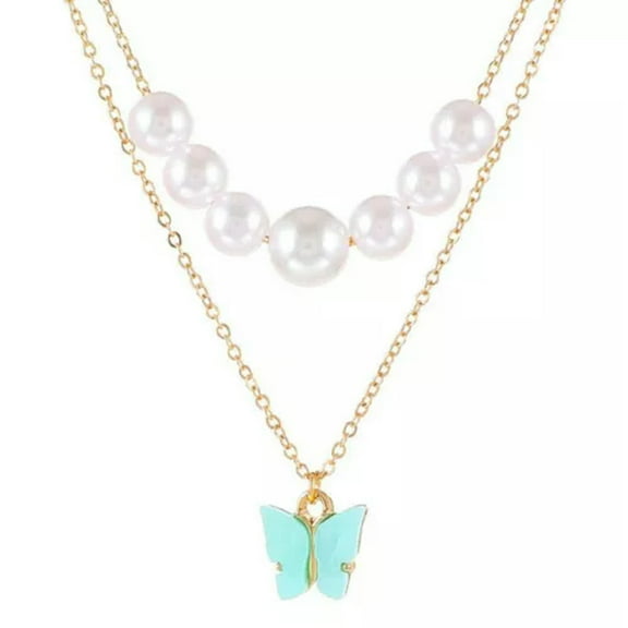 GKNET Boho Double Layer Pearl Butterfly Charm Pendant Necklace Fashion Delicate Jewelry Women-Light Blue