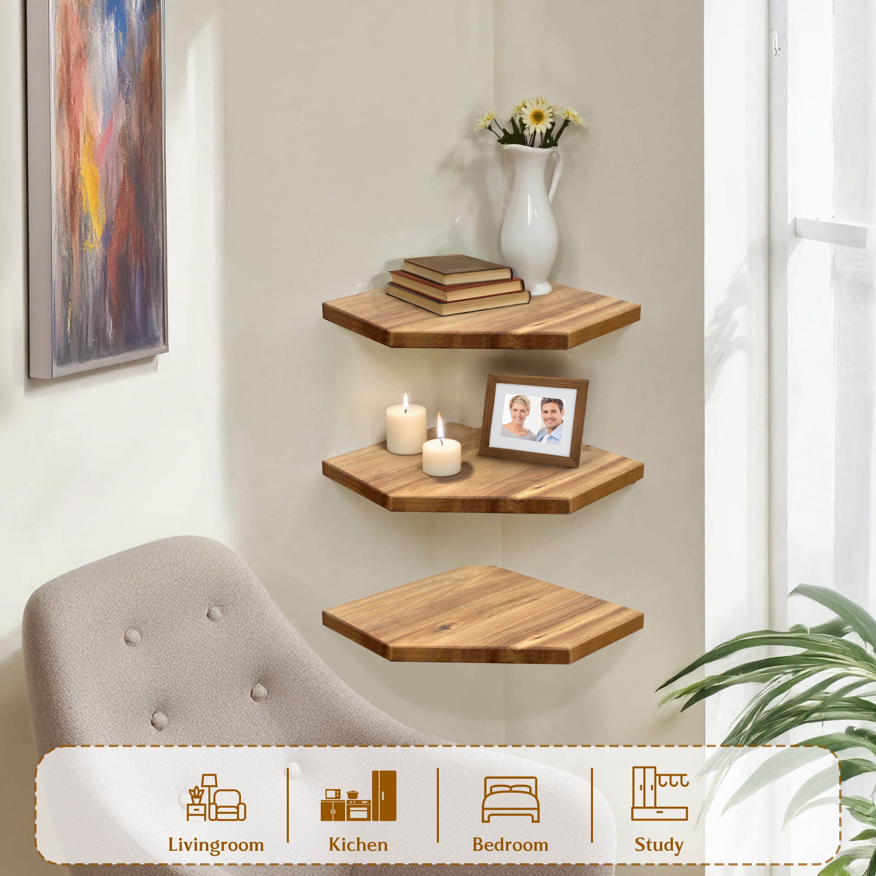 Corner Shelf Wall Mount, Set of 3 Solid Acacia Wood 11.8 x 16.5 inches Floating Corner Shelves, Smooth - Durable - Attractive Corner Shelves for Bedroom Living Room Bathroom Kitchen