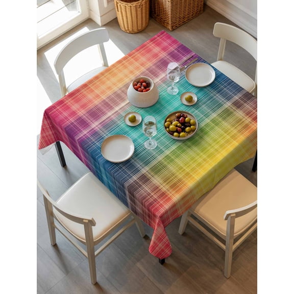 Colorful Plaid Tablecloth Square Table Cloth 54x54,Waterproof Outdoor Table Cloth Covers Decorative Table Protector,Modern Chic Rainbow Gradient Striped Washable Table Cover for Kitchen Dinning Party