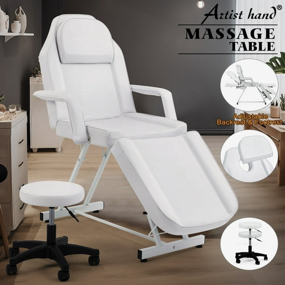 Artist Hand Facial Bed Massage Table Adjustable Tattoo Barber Spa Beauty Salon Chair with Stool (White)