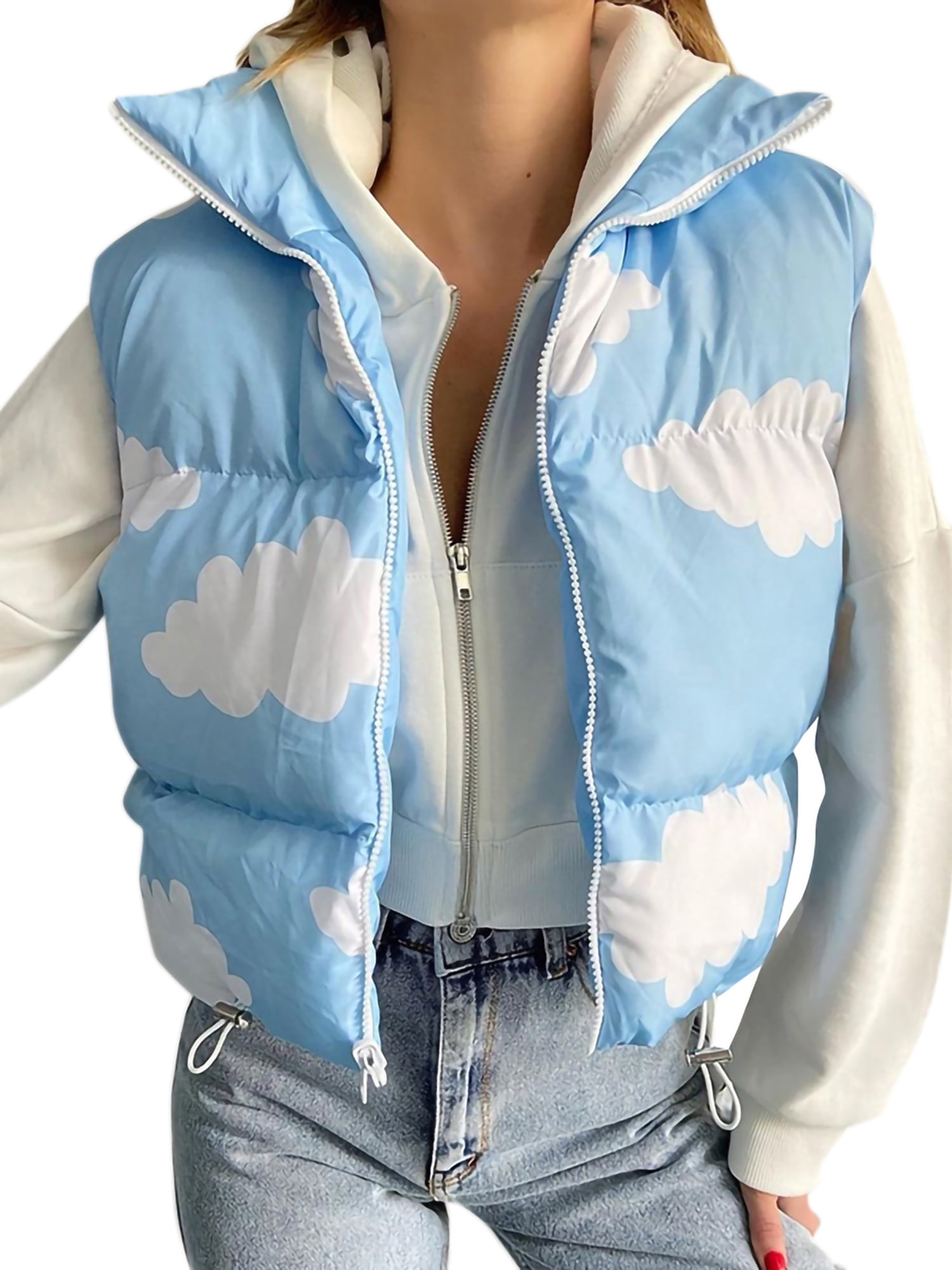 Women Padded Gilet Blue Cloud Print Zip Up Stand-up Collar Drawstring  Puffer Vest Autumn Winter Sleeveless Down Jacket