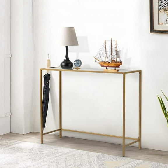 39.4" Console Sofa Table, Modern Entryway Table, Tempered Glass Table, Metal Frame, for Living Room, Hallway, Gold Color